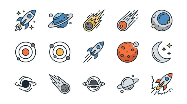 Collection of Space Icons Featuring Planets Rockets and Comets.