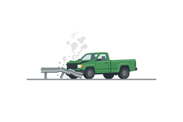 Green Pickup Truck Crashing into Guardrail with Engine Smoke © bayu
