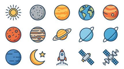 Collection of Space Icons Featuring Planets Stars and Rockets. © Ramdani