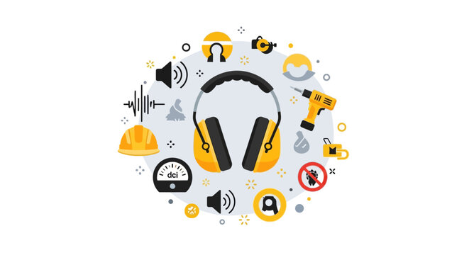 Hearing Protection Concept: Industrial Safety Ear Muffs with Occupational Health Icons including Hard Hat, Drill, and Decibel Meter - Vector Illustration