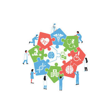 Diverse group of people working together on a puzzle with medical and healthcare icons.
