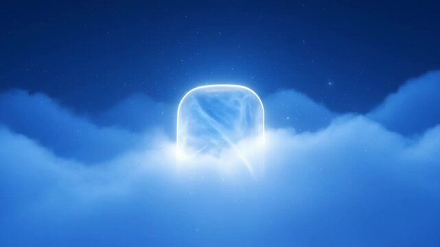 A luminous, ethereal cube floats amidst a swirling expanse of blue clouds against a deep navy sky, creating a surreal and captivating visual.