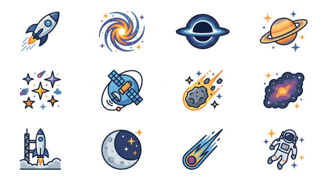 Collection of Space Icons Featuring Rockets Planets and Astronauts.