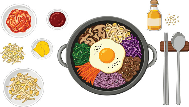 Cute Cartoon Korean Bibimbap Bowl with Egg Kimchi Vegetables Beef Sesame Oil Chopsticks and Ingredients Vector Illustration