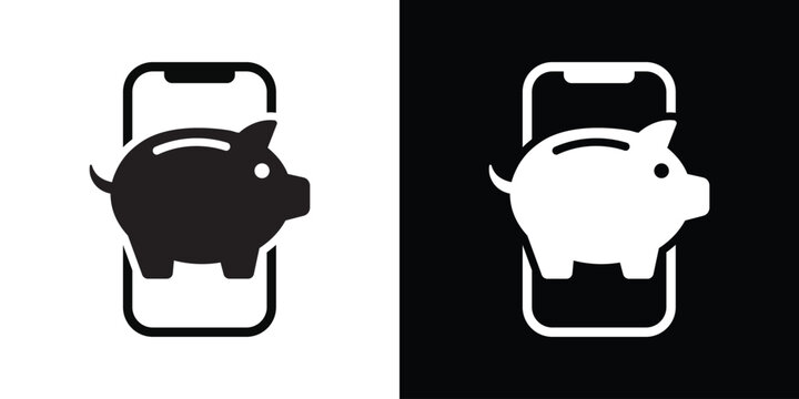 Mobile banking app and online wallet vector icon. Flat piggy bank symbol overlaid on a smartphone screen graphic, black and white set.