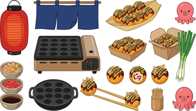 Cute Cartoon Japanese Takoyaki Street Food Set with Lantern Noren Octopus Stove Pan and Ingredients Vector Illustration