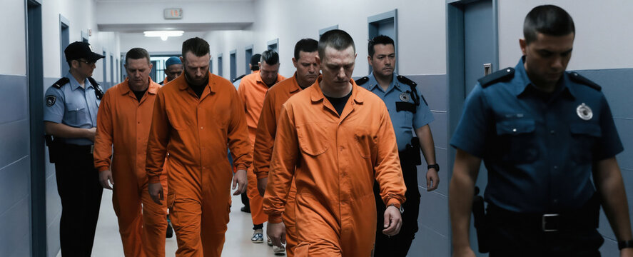 Prisoners in orange jumpsuits walk down a hallway escorted by guards in uniform. Officials maintain order and security within correctional facility walls during inmate movement.