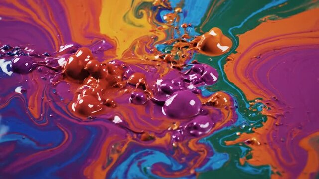 Vibrant colorful liquid splashes swirling in a mesmerizing abstract pattern on a surface.