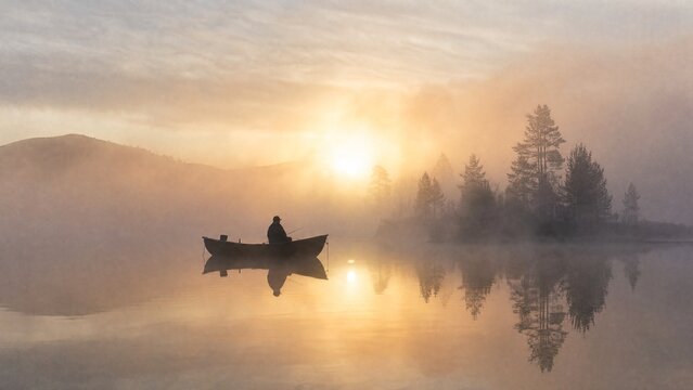 trimaran. A small boat silhouette on a misty lake at dawn with soft light and calm water. travel magazines, destination branding, designed for travel destination branding, inspires travel planning.