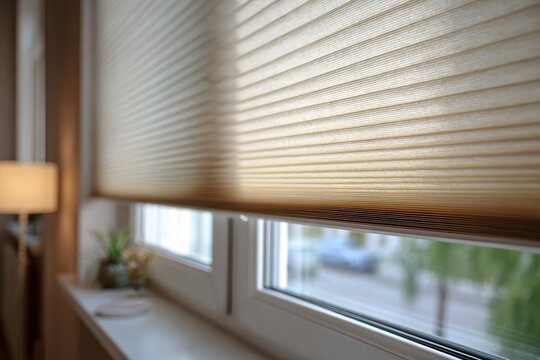 Close-up of XL beige pleated blinds in a modern apartment window, bottom-up privacy shade half raised