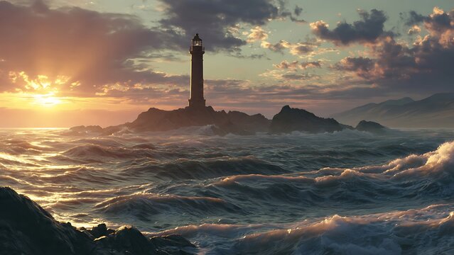 Golden hour over serene coastal landscape with lighthouse.