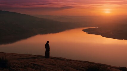Fototapeta premium Solitary figure watching sunset over volcanic landscape.
