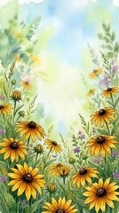 Obraz premium Watercolor wildflower meadow with yellow daisies and purple blooms creating natural frame border for spring summer designs and botanical artwork.