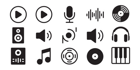 Black audio media player icons set collection featuring playback buttons speaker microphone and musical notes. © Moni