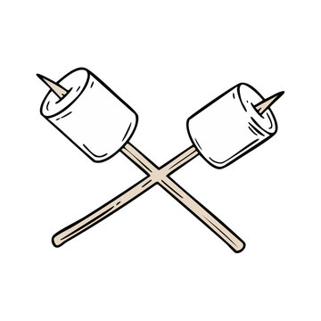 Crossed Skewers with Toasted Marshmallows - Hand-Drawn Camping Treat Illustration