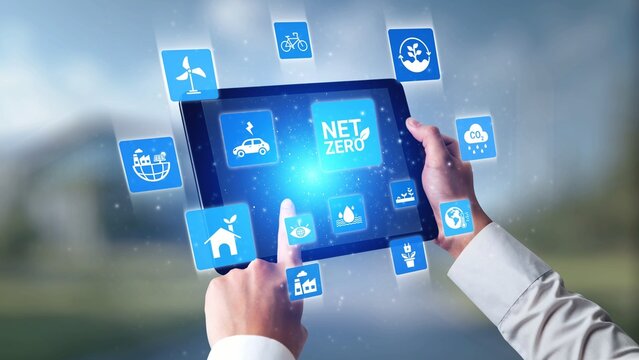 Net zero and sustainability concepts with environmental balance, digital sustainability icons, green energy goals, and eco-conscious digital business transformation for the future. Gist
