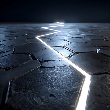 Futuristic hexagonal tiled surface with glowing white zigzag light path running through dark metallic floor in high-tech sci-fi environment with shallow depth of field