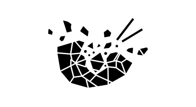 Abstract minimalist icon of a solid object shattering into small fragments.