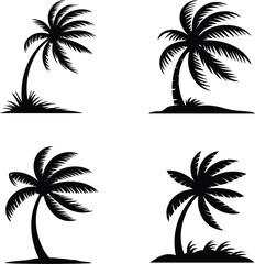 Fototapeta premium Four black palm tree silhouettes on white background