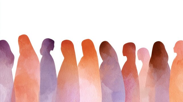 Strong female forms stand together in a watercolor illustration promoting body positivity and awareness of PCOS in warm colors on a white background.