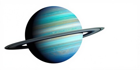 Fototapeta premium Gas giant planet with blue green bands and prominent rings isolated on white background. Celestial body from solar system. Outer space exploration.