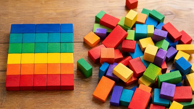 knack. Neatly arranged colored wooden blocks partially scattered into a disordered pile on a table. lifestyle magazines.