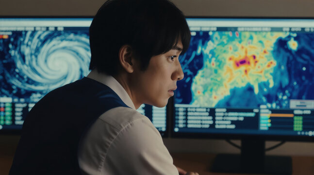 Young Asian man analyzes climate data on screens showing weather patterns and global maps. He works with environmental information, tracking storms and temperature changes in a control room.