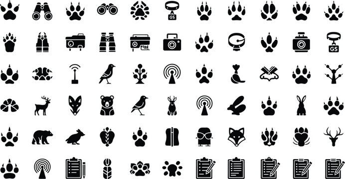 Animal tracking symbols depict paw prints and woodland creature silhouettes for wildlife identification and conservation research.