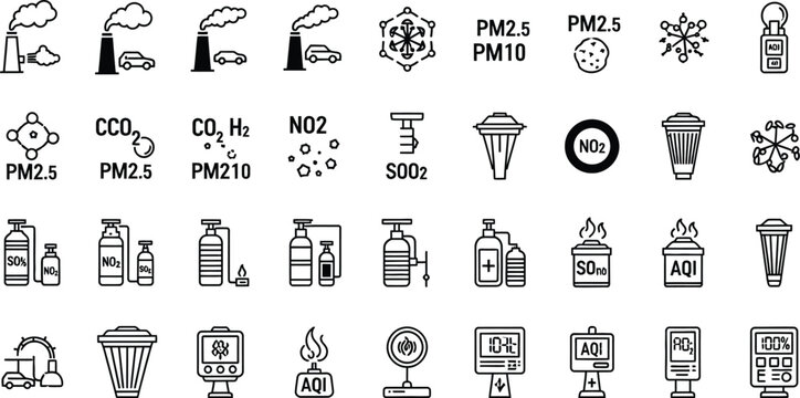 Air pollution monitoring icons visualize smog levels, factory emissions, and various industrial environmental hazards.