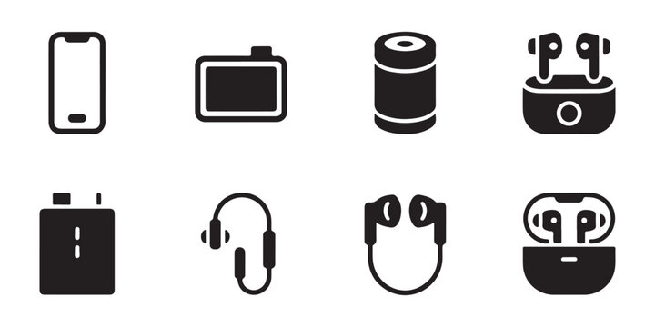 Electronic gadget icons collection including smartphone camera wireless speaker portable charger and earphones.