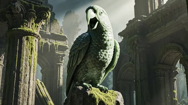 Mossy Parrot Statue in Ancient Overgrown Ruins