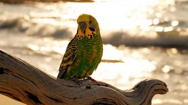 Sun-Kissed Budgie Perched on Driftwood Branch