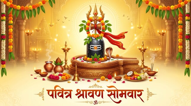 Sacred Shravan Somvar Shivling worship with glowing temple lamps floral decoration and devotional spiritual ambience