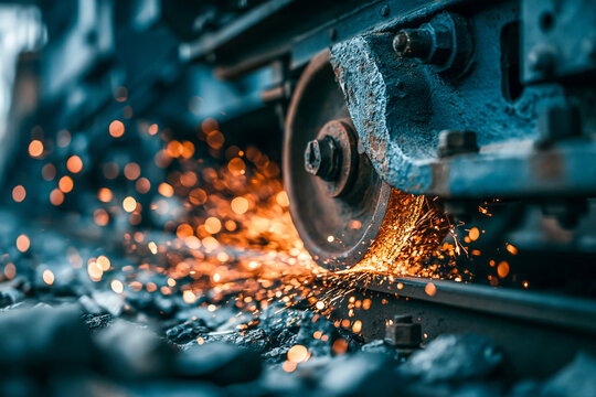 Close Up of Heavy Steel Train Wheel Grinding on Railway Track with Bright Sparks