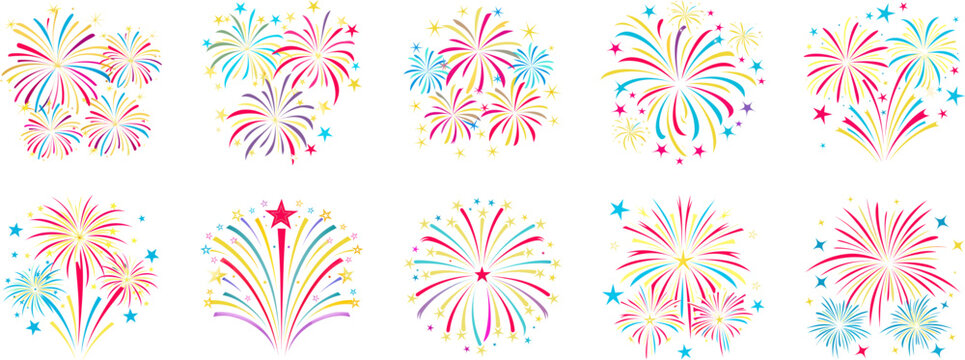 Colorful firework bursts and stars pattern on a white background