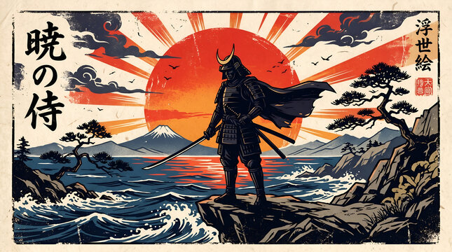 Japanese samurai warrior standing on cliff ukiyo-e style vector illustration with rising sun mount fuji ocean waves and tree