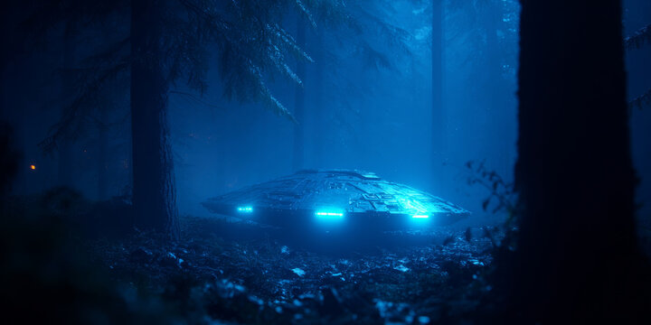 UFO spaceship glowing in dark forest