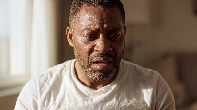 Stressed Mature African American Man Smelling Armpit and Sweating Indoor