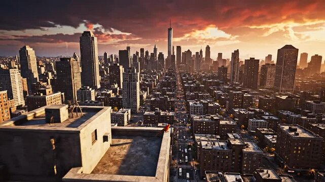 Crimson parakeet surveys sun-drenched cityscape from rooftop