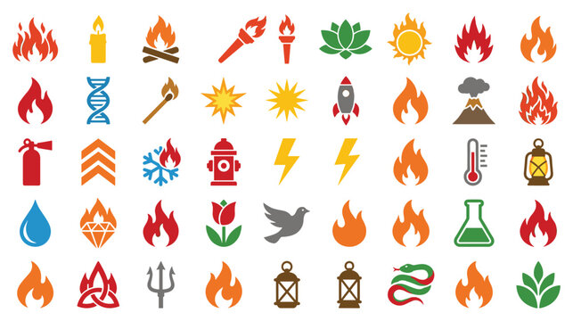 Set of fire related icons including flames, candles, and fire hydrants.
