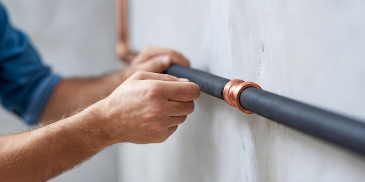 Plumber installing black pipe with copper fittings