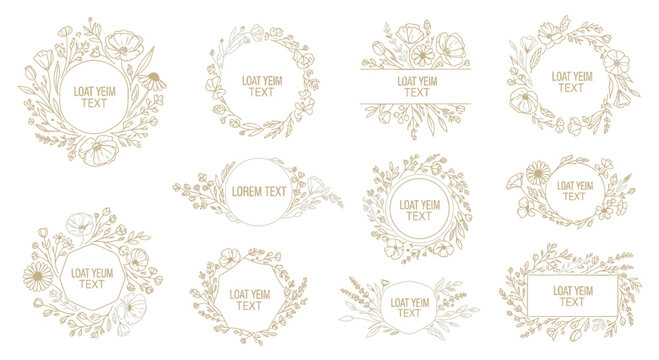 Set of Hand-drawn Floral Frames and Wreaths with Botanical Illustrations for Wedding Stationery, Logos, and Elegant Branding Design