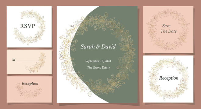 Elegant Wedding Stationery Set with Gold Floral Wreath Designs, Sage Green and Peach Invitation, RSVP, Save the Date and Reception Card Templates
