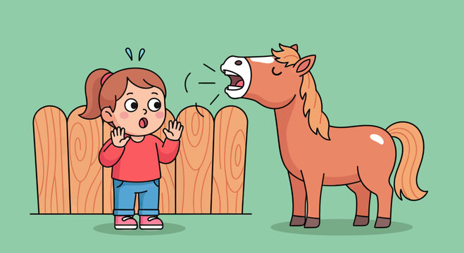 Cute Cartoon Illustration of a Surprised Young Girl and a Loudly Neighing Horse at a Farm