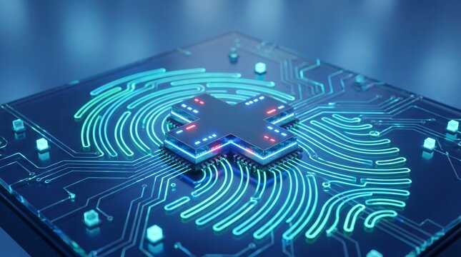 Futuristic circuit board, glowing blue fingerprint scanner, microchip technology, electronic device components