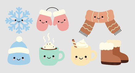 Obraz premium Cute Kawaii Winter Icon Set featuring Snowflake, Mittens, Scarf, Beanie Hat, Hot Chocolate Mugs and Winter Boots Vector Illustration
