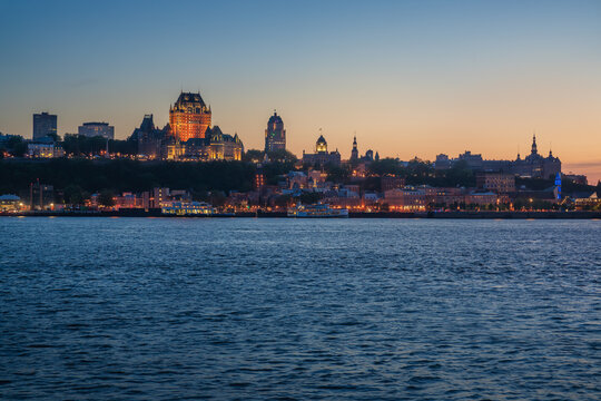 Quebec City skyline view at night with St. Lawrence River - Quebec City, Quebec, Canada