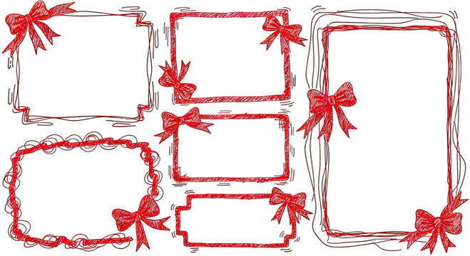 Set of Hand-Drawn Sketchy Red Frames and Decorative Borders with Ribbons and Bows for Holidays and Gift Tags