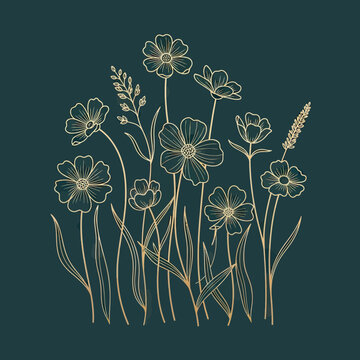 Golden Line Art Wildflowers and Meadow Grasses, Elegant Botanical Illustration Vector on Dark Background