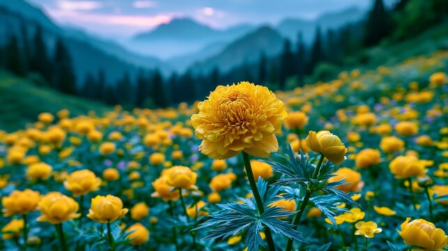 Yellow asphodel flowers blooming in a Sicilian mountain field at dusk
